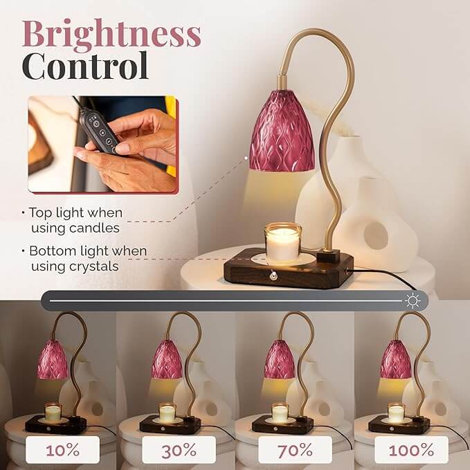Rose Quartz Candle Warming Lamp showcasing brightness control features for candle and crystal use, highlighting its elegant design.