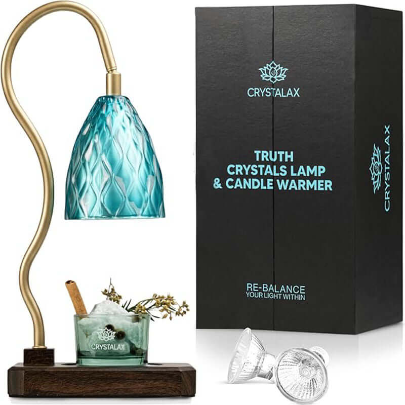 Blue Kyanite Candle Warming Lamp with green vessel glass shade and wooden base, promoting calm energy and beauty.