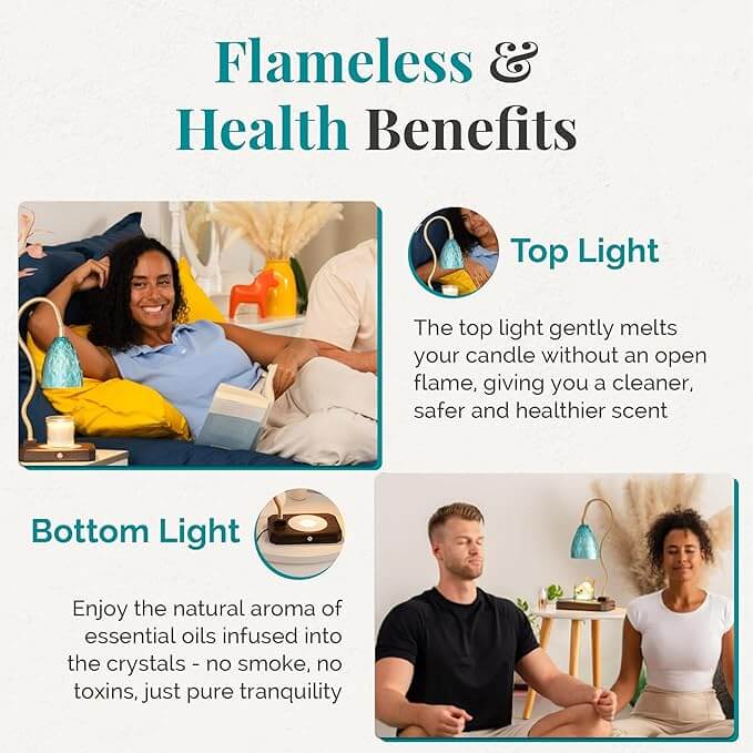 Blue Kyanite Candle Warming Lamp showcasing flameless health benefits with top and bottom lights for a safer, cleaner ambiance.