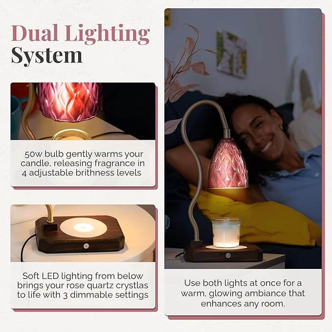 Rose Quartz Candle Warming Lamp with dual lighting system featuring Rose Quartz crystals and adjustable brightness levels.