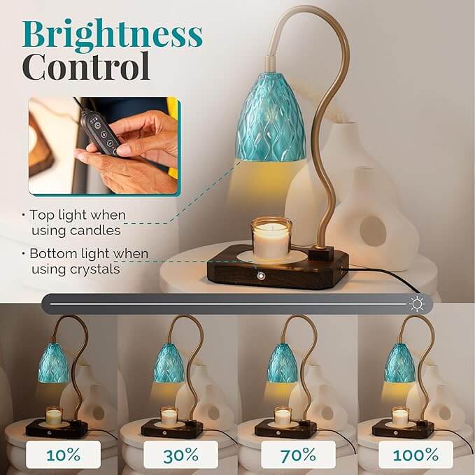Blue Kyanite Candle Warming Lamp showcasing brightness control features for candle and crystal use, highlighting its elegant design.