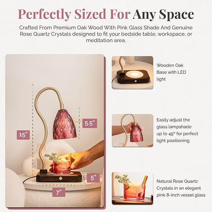 Rose Quartz Candle Warming Lamp with pink glass shade and rose quartz crystals, perfectly sized for any bedside or workspace.