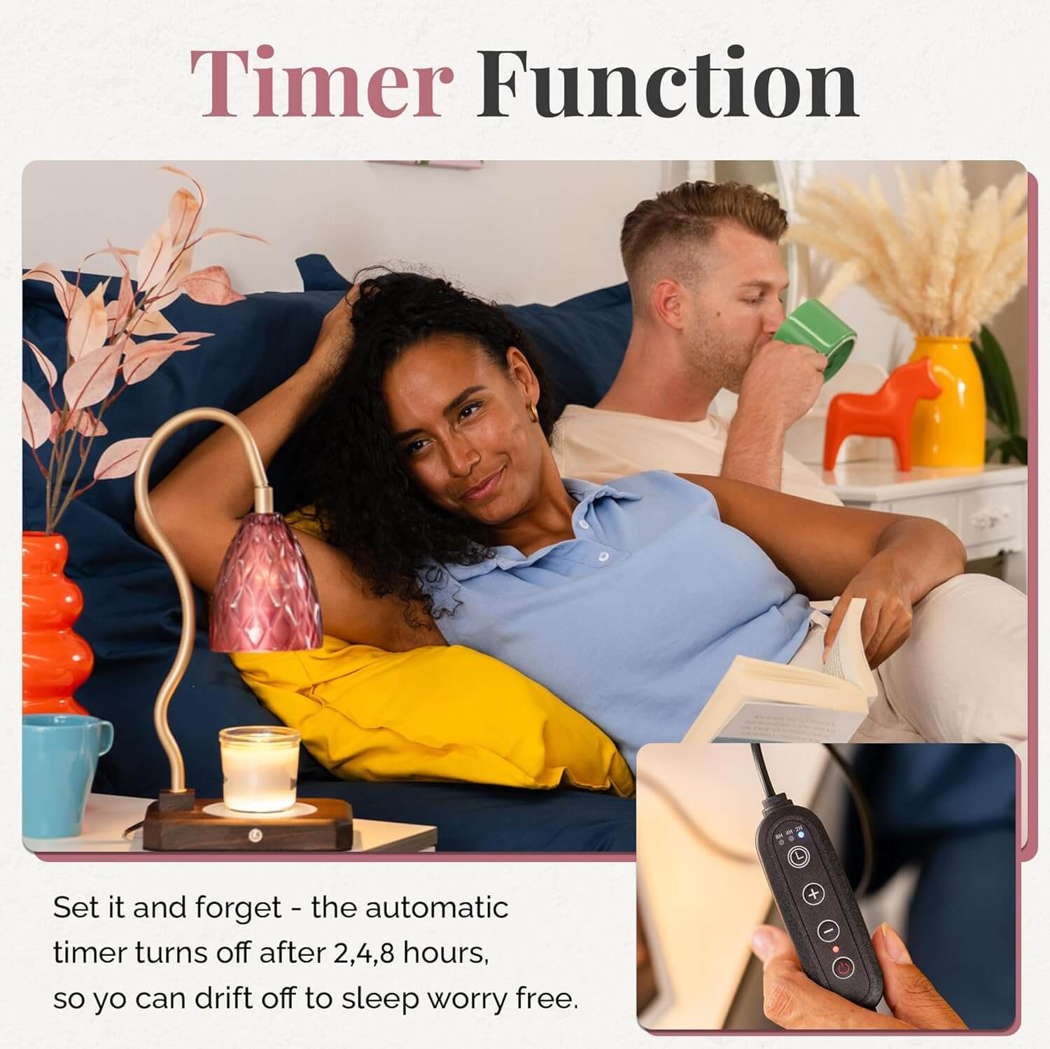 Rose Quartz Candle Warming Lamp with timer function shown in cozy bedroom, enhancing ambiance and comfort.